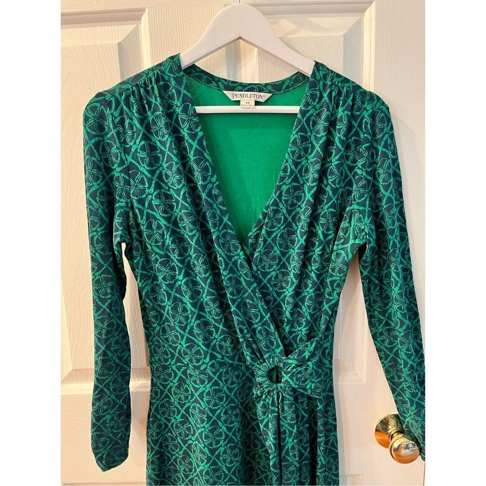 Pendleton Navy & Green Print Ring Side Ruched Surplice Faux Wrap Dress sz XS NWO